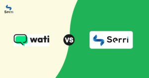 Comparison image featuring logos of WATI and Serri, highlighting a side-by-side WhatsApp customer engagement platform showdown