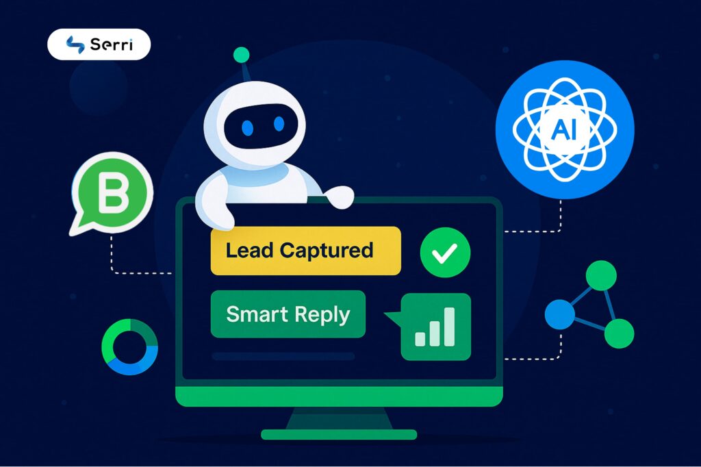 Illustration of AI chatbot automation in WhatsApp Business showing a robot capturing leads and using smart replies, with icons for AI, analytics, and communication, branded by Serri.