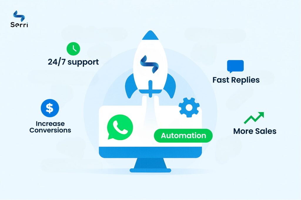 Illustration showing WhatsApp automation benefits like 24/7 support, fast replies, increased conversions, and more sales with Serri branding.