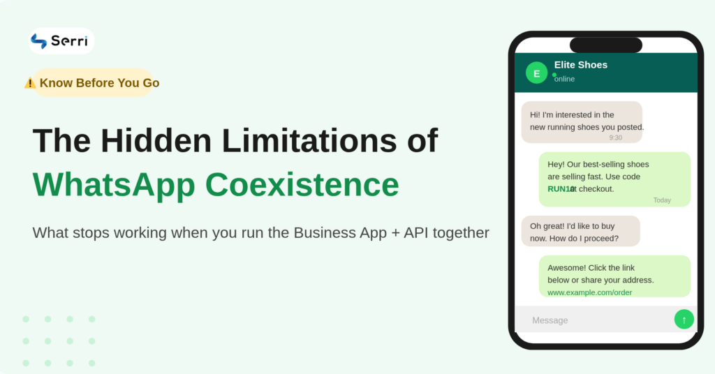 Banner image for a blog post titled 'The Hidden Limitations of WhatsApp Coexistence (Business App + API)' showing a WhatsApp chat conversation on a phone mockup with a green and white background.